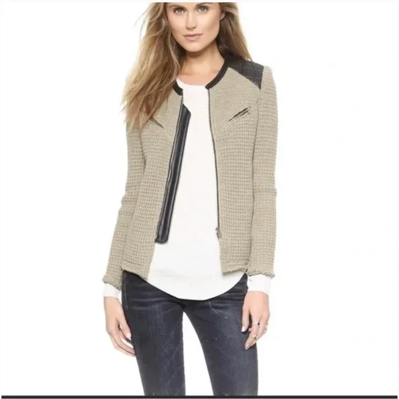 IRO Taupe Ceylona Knit Jacket with Leather Trim Blazer - Picture 7 of 11